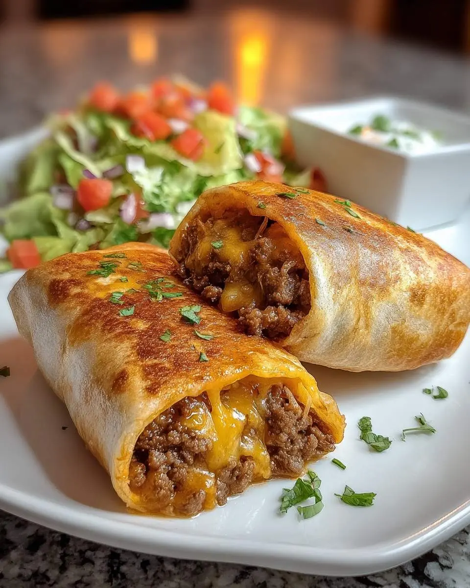 Two golden-fried Beef and Cheese Chimichangas, cut open to reveal melted cheese and seasoned ground beef, served with a fresh side salad.