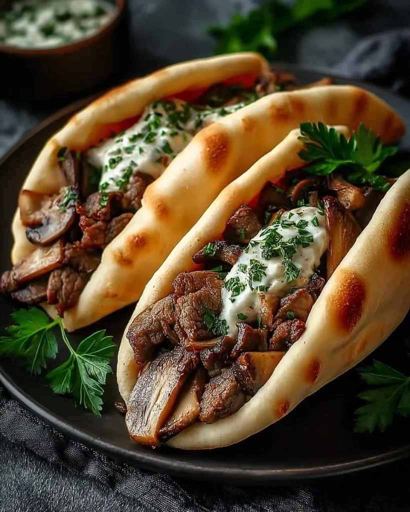 Three savory Beef and Mushroom Pita Pockets, generously filled and topped with creamy sauce and fresh herbs, on a dark plate.