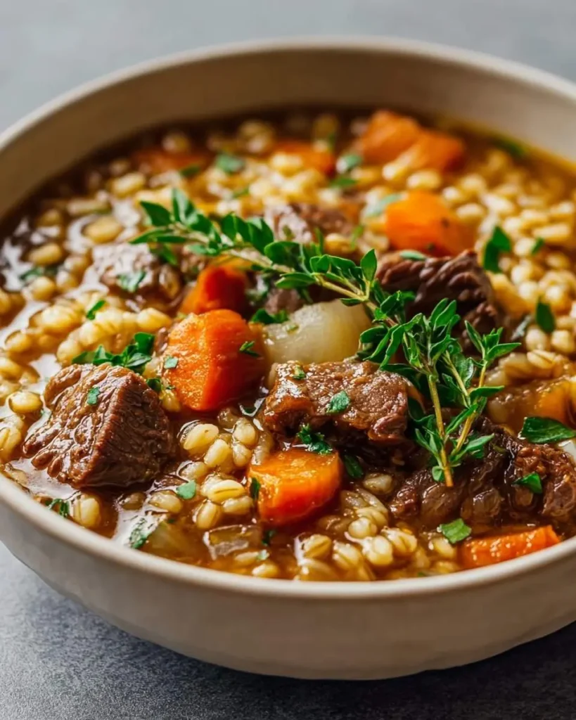 A warm bowl of classic beef barley stew, rich with tender beef, barley grains, carrots, and fresh thyme on a dark surface.