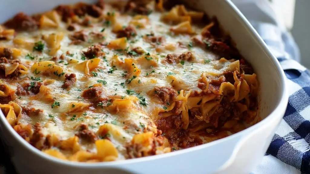 Delicious Beef Lombardi Casserole, baked golden with melted cheese, savory meat sauce, and wide noodles in a white baking dish.