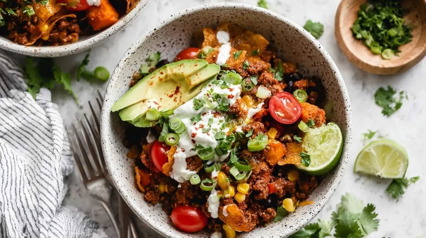 A vibrant bowl of Beef Skillet Enchiladas, garnished with avocado, sour cream, cherry tomatoes, green onions, and lime.