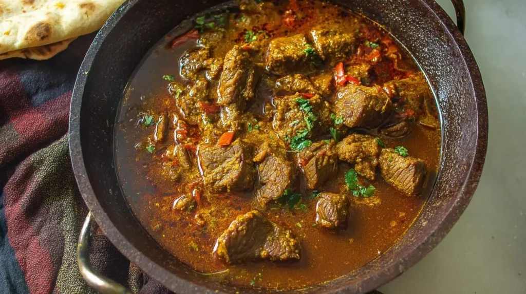 A close-up shot of a rustic pan filled with rich, spicy beef vindaloo, garnished with fresh herbs, alongside naan bread.