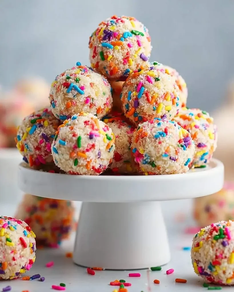 A pyramid of colorful sprinkle-covered Birthday Cake Protein Balls on a white cake stand, with more scattered around.