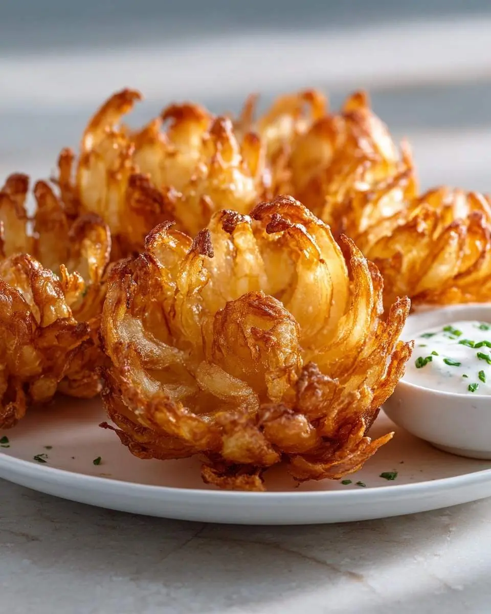 A close-up of golden-brown crispy blooming onions served on a white plate with a side of creamy dipping sauce, ready to be enjoyed.