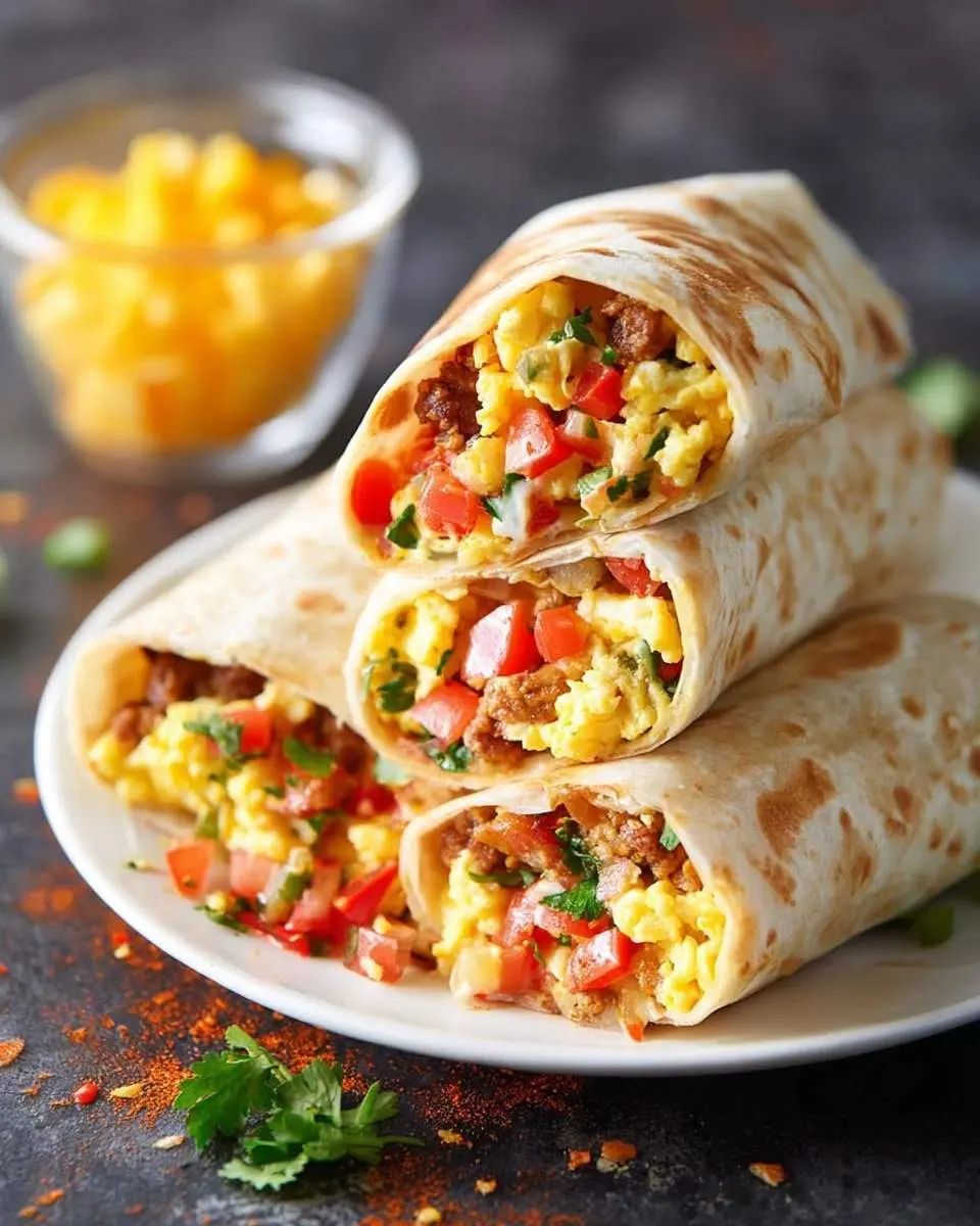 Breakfast Burritos 4 A stack of four delicious Breakfast Burritos, cut open to show scrambled eggs, seasoned chorizo, and fresh pico de gallo.