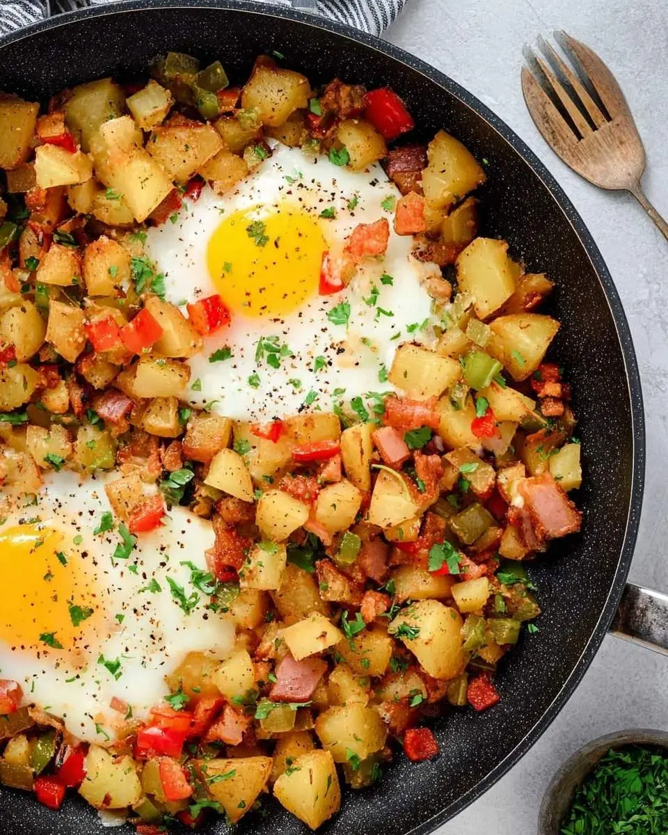 Overhead view of a skillet filled with a delicious breakfast hash, featuring crispy potatoes, colorful bell peppers, and two fried eggs.
