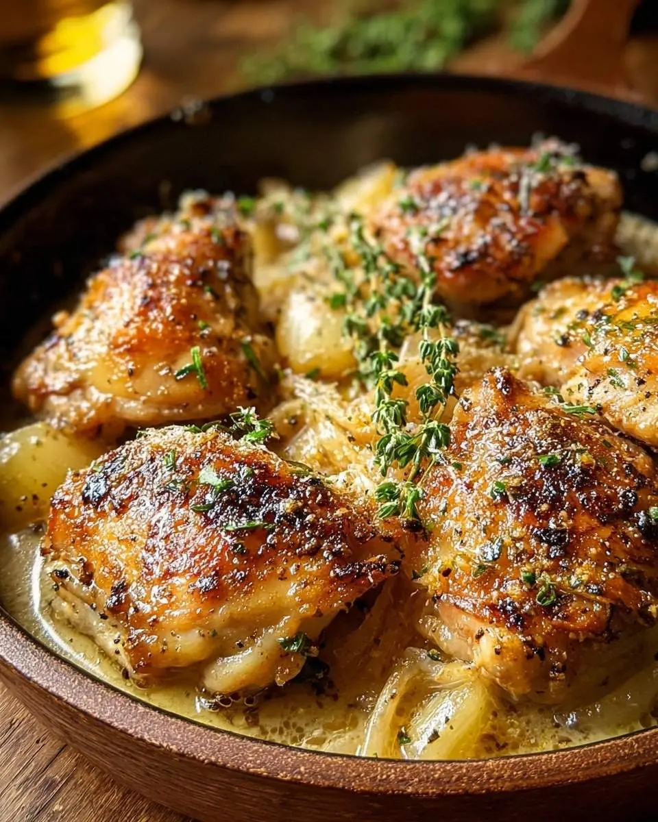 Cacio E Pepe Chicken 4 Golden brown Cacio E Pepe Chicken thighs nestled in a creamy sauce with caramelized onions, garnished with fresh thyme.