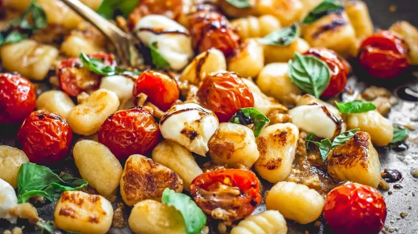 Close-up of golden brown Caprese Chicken Gnocchi Skillet with roasted cherry tomatoes, mozzarella, and fresh basil.