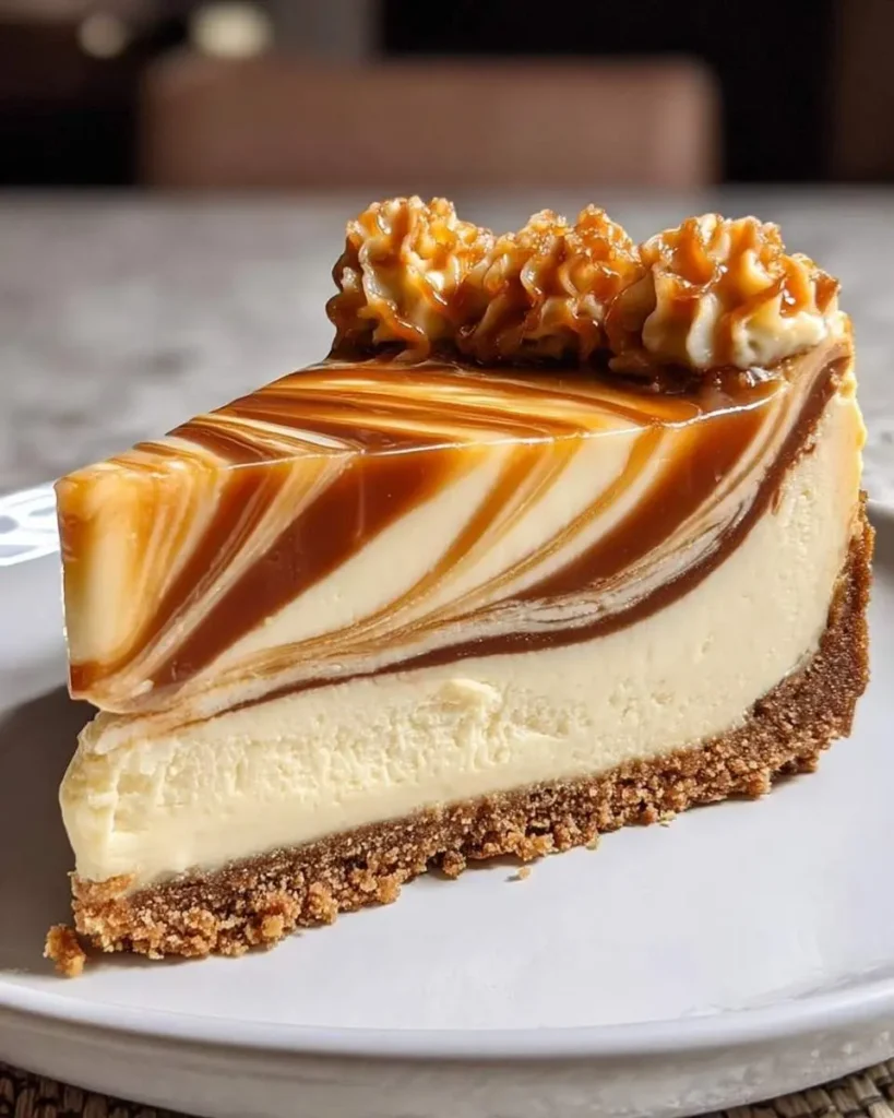 A tempting slice of Caramel Swirl Cheesecake with a graham cracker crust, topped with creamy caramel swirls and decorative dollops.