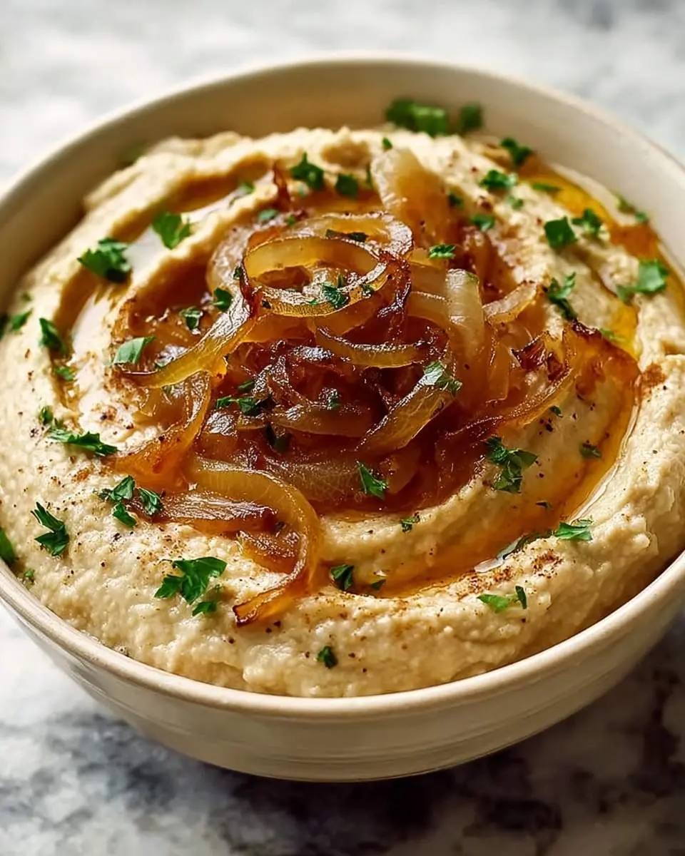 A close-up shot of a bowl of creamy Caramelized Onion Hummus, garnished with fresh parsley and a drizzle of olive oil.