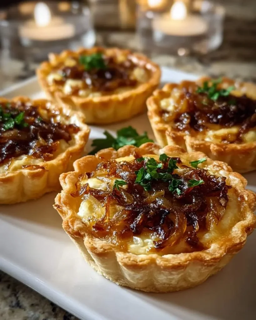 A close-up shot of several golden-brown caramelized onion tartlets garnished with fresh parsley on a white platter.