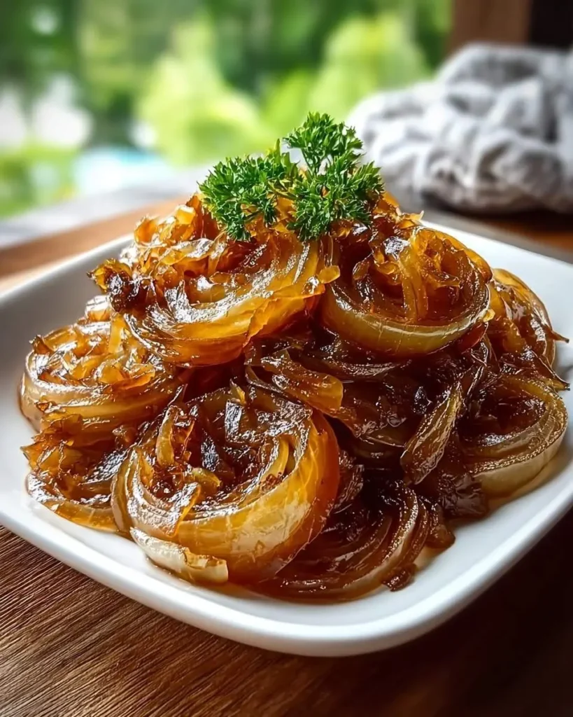A close-up of a white rectangular plate filled with glistening, golden-brown caramelized onions, garnished with fresh parsley.