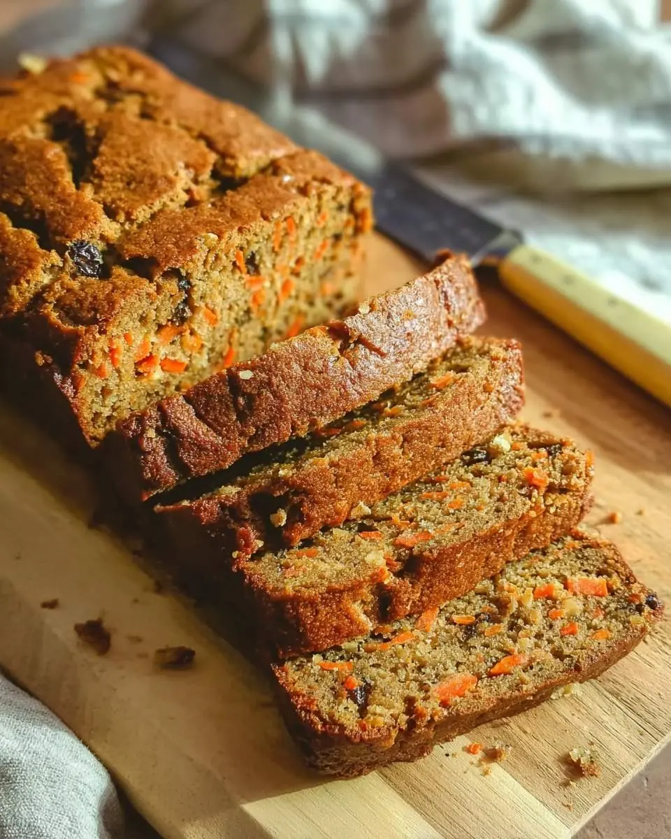 A freshly baked loaf of carrot bread, partially sliced on a wooden cutting board, revealing visible pieces of carrots and raisins.