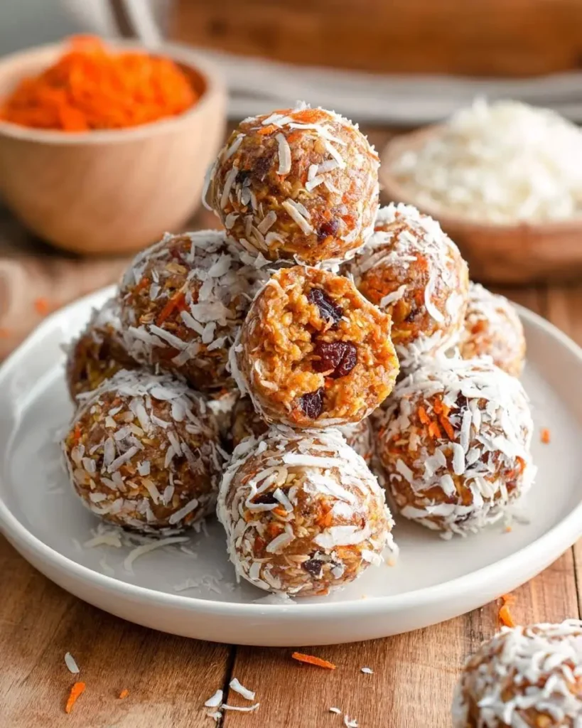 A close-up of a pile of delicious Carrot Cake Protein Balls coated in shredded coconut on a white plate, with one broken open showing the texture.