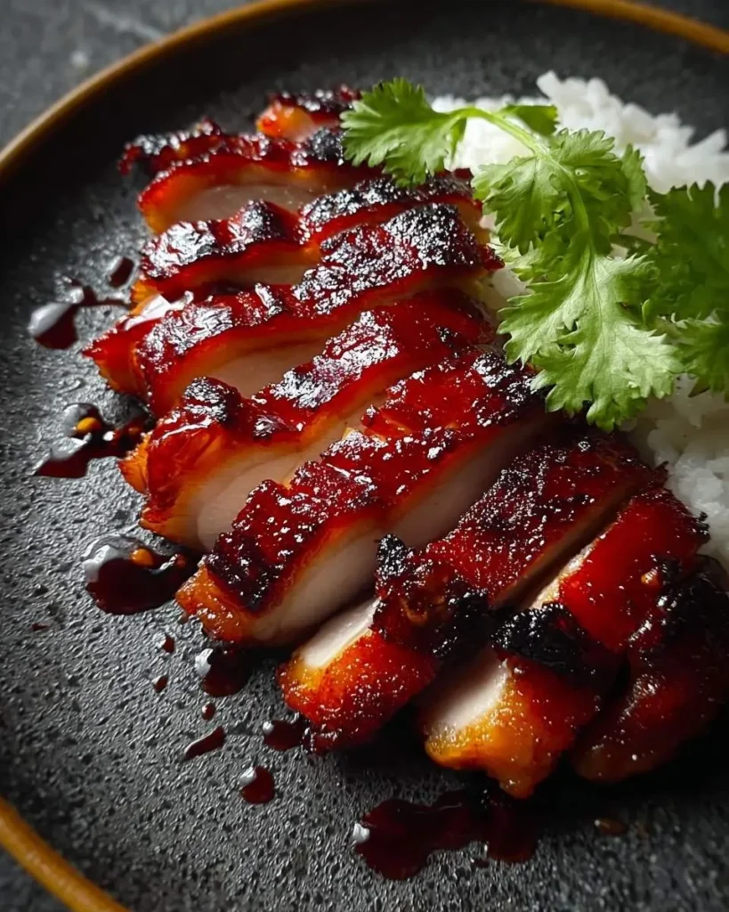 Close-up of succulent slices of glossy, reddish-brown Char Siu Chicken, served on a dark plate with white rice and cilantro.