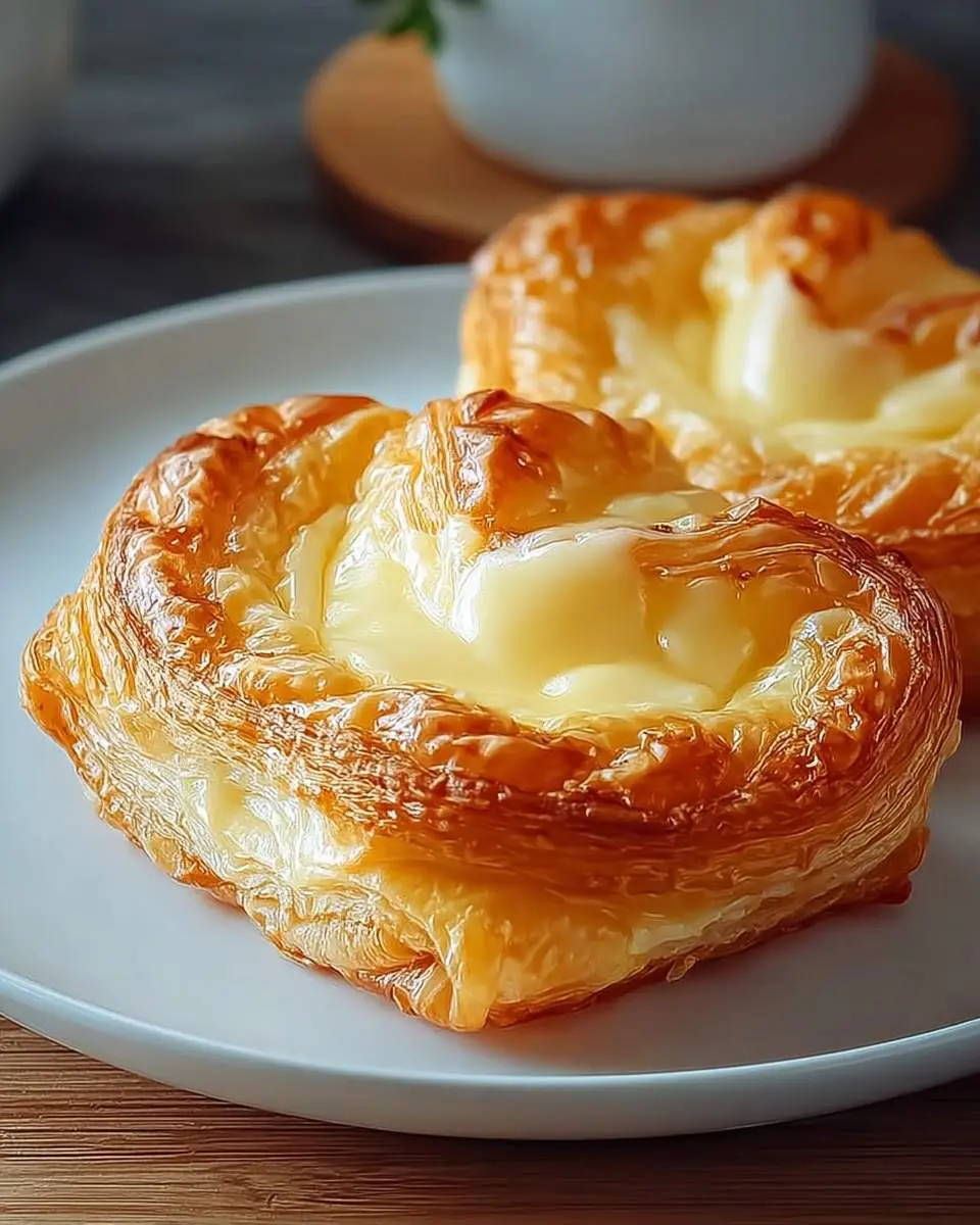 Two golden, flaky Cheese Danish pastries with creamy light yellow centers sit on a white plate, highlighting their appealing texture.