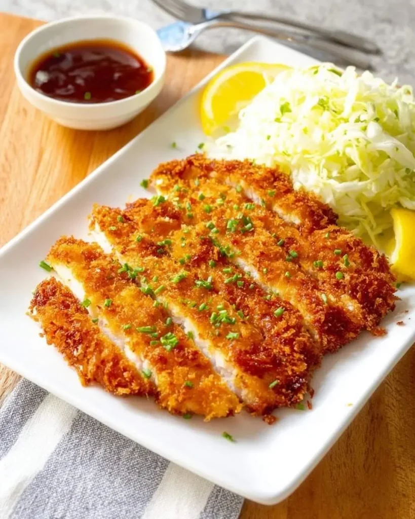 A plate of crispy, golden-brown sliced Chicken Katsu garnished with chives, served with shredded cabbage, lemon, and dipping sauce.