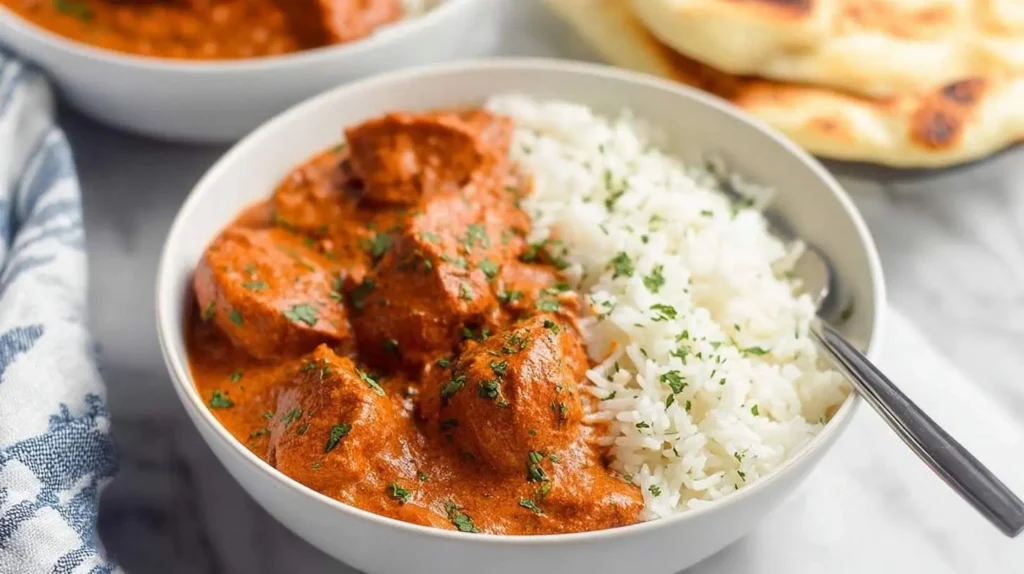 A white bowl of creamy Chicken Tikka Masala with basmati rice, garnished with fresh cilantro, beside naan bread.