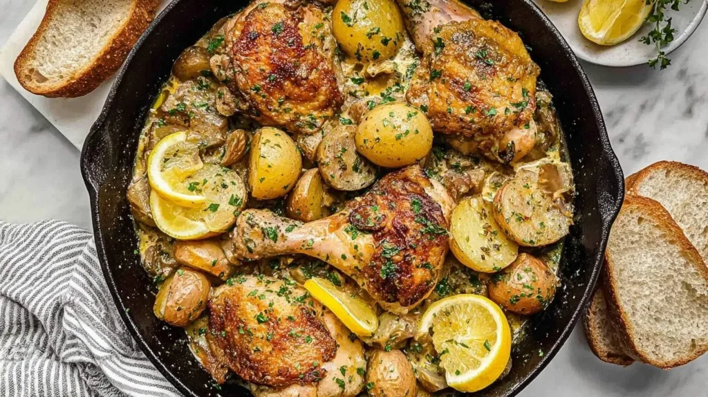 A cast iron skillet filled with golden brown chicken vesuvio, roasted potatoes, and fresh lemon slices, garnished with parsley.