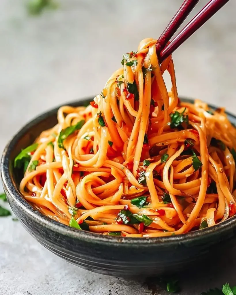 A close-up of vibrant orange Chili Garlic Noodles with green herbs and red flakes, lifted by chopsticks from a dark bowl.