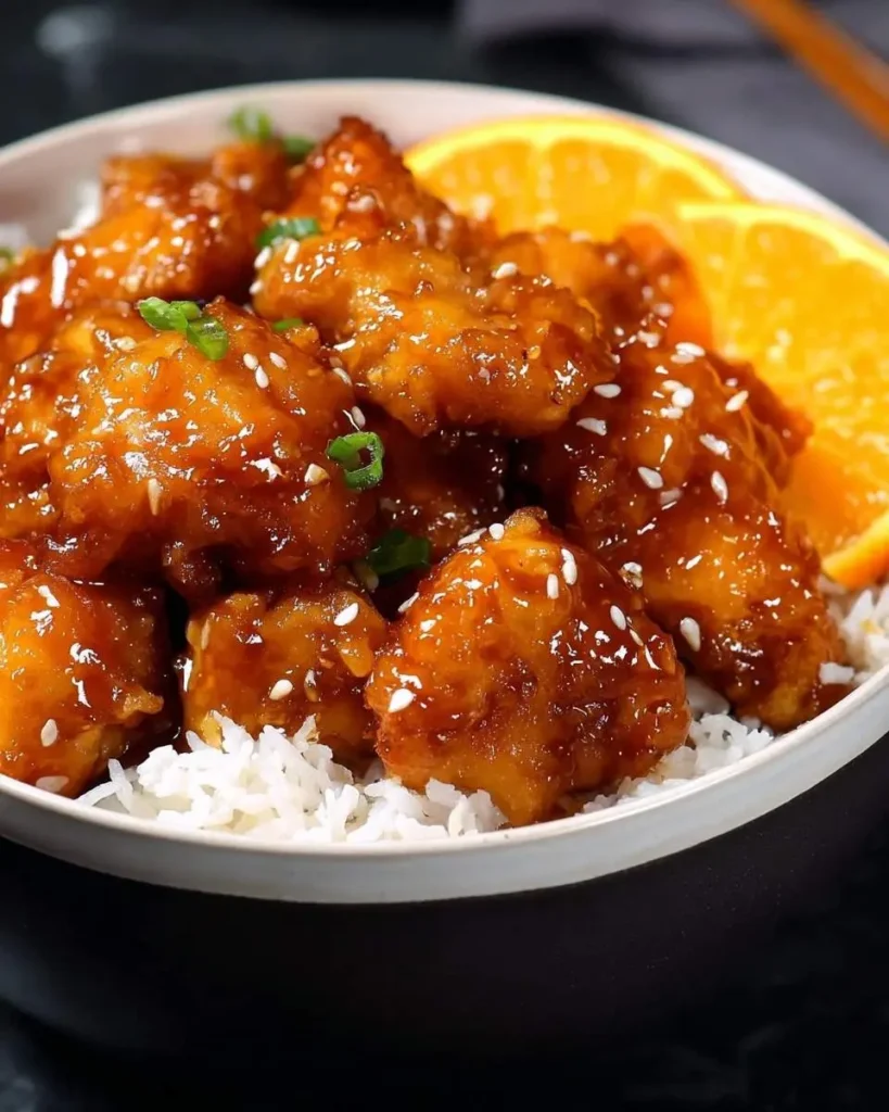 A close-up of a bowl filled with glossy Chinese Orange Chicken pieces, white rice, sesame seeds, and orange slices.