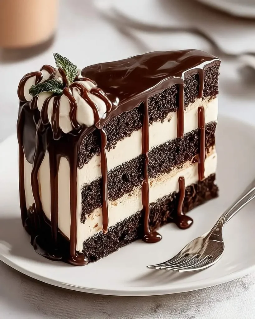 A luscious slice of Chocolate Vanilla Tuxedo Cake featuring dark chocolate layers, creamy white frosting, and rich ganache drizzle.