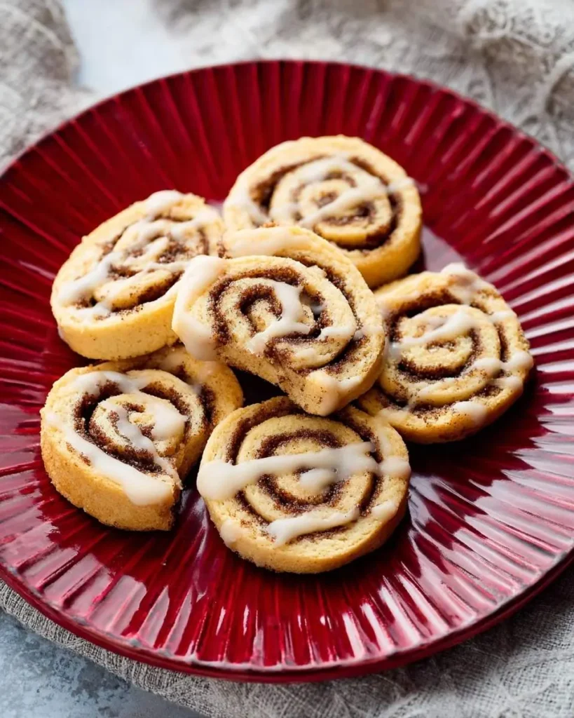 A close-up of several homemade Cinnamon Roll Cookies drizzled with white icing, artfully arranged on a vibrant red fluted plate.