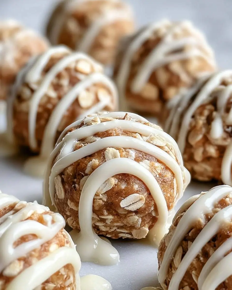Close-up of several homemade cinnamon roll protein bites drizzled with white icing, featuring oats and nuts.