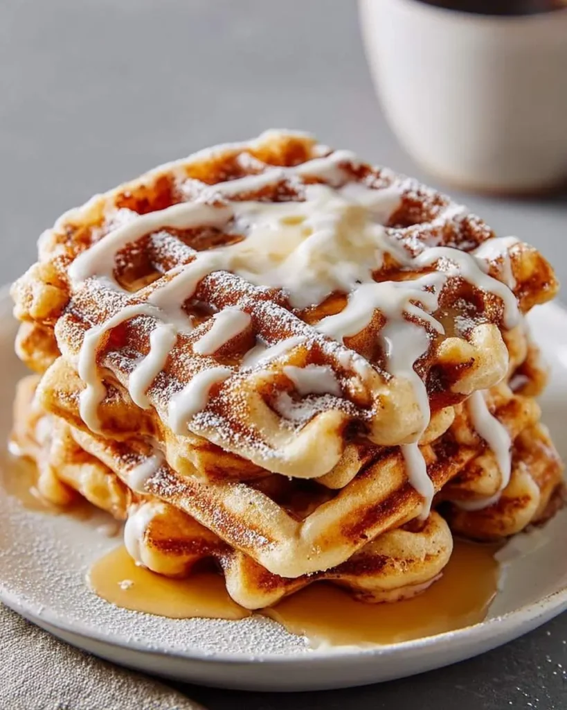 A tempting stack of golden cinnamon roll waffles topped with white glaze, powdered sugar, melting butter, and syrup.