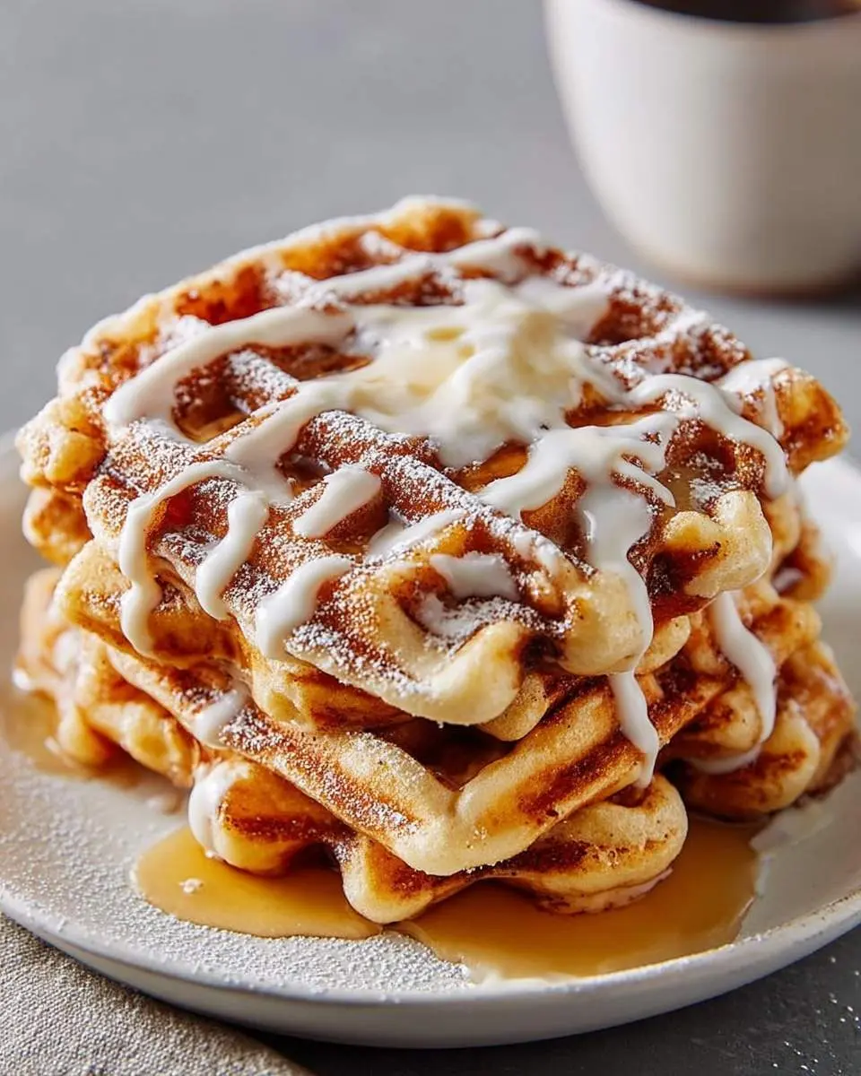 A tempting stack of golden cinnamon roll waffles topped with white glaze, powdered sugar, melting butter, and syrup.