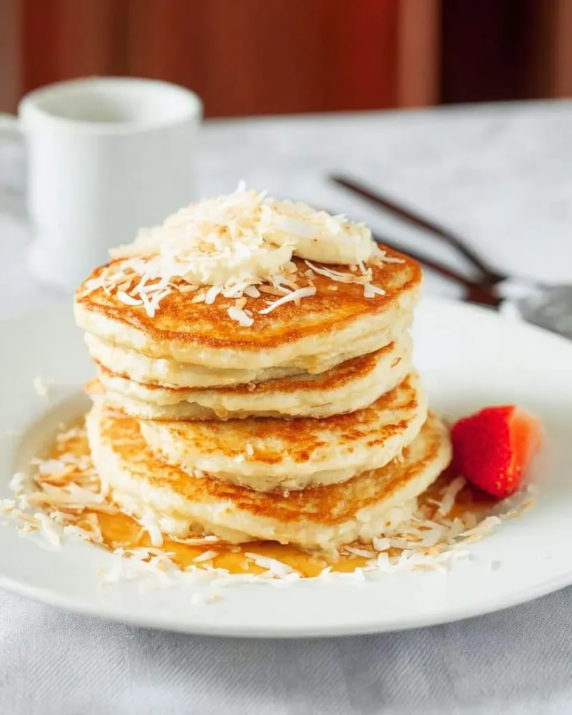 A tempting stack of fluffy coconut cream pancakes drizzled with syrup, topped with shredded coconut and a strawberry slice.