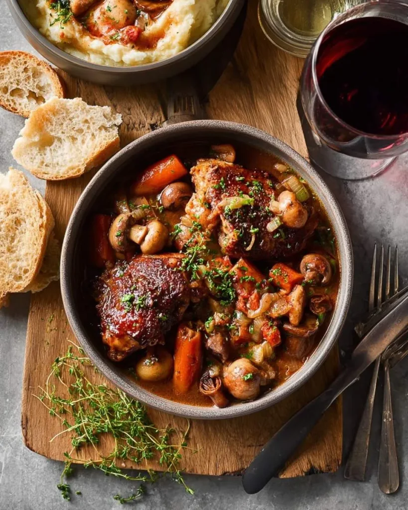 A hearty bowl of coq au vin, rich with chicken, mushrooms, and carrots, served with crusty bread and mashed potatoes on a wooden board.
