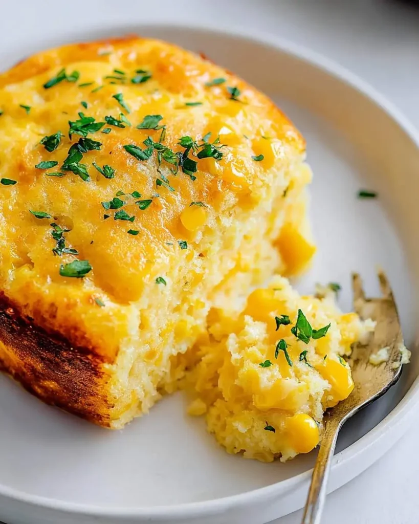 A golden-baked Corn Souffle portion on a white plate, with a fork scooping out a fluffy, creamy bite garnished with fresh parsley.