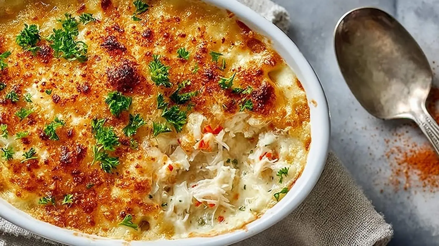 A golden-baked crab rangoon casserole with a creamy interior and parsley garnish, served in a white oval dish.