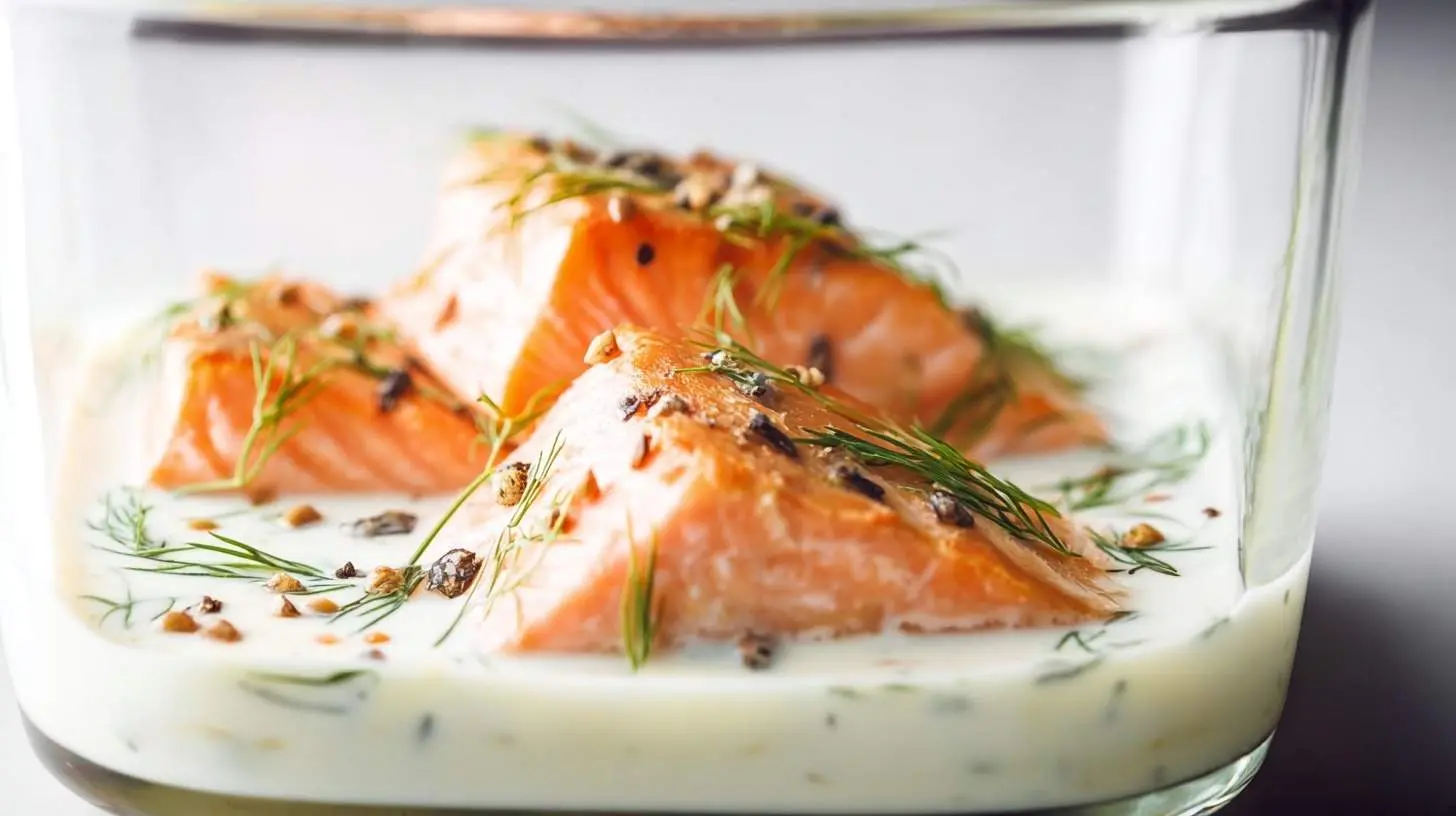 Several pieces of Creamy Dill Salmon soaking in a white sauce with fresh dill and peppercorns in a clear glass baking dish.
