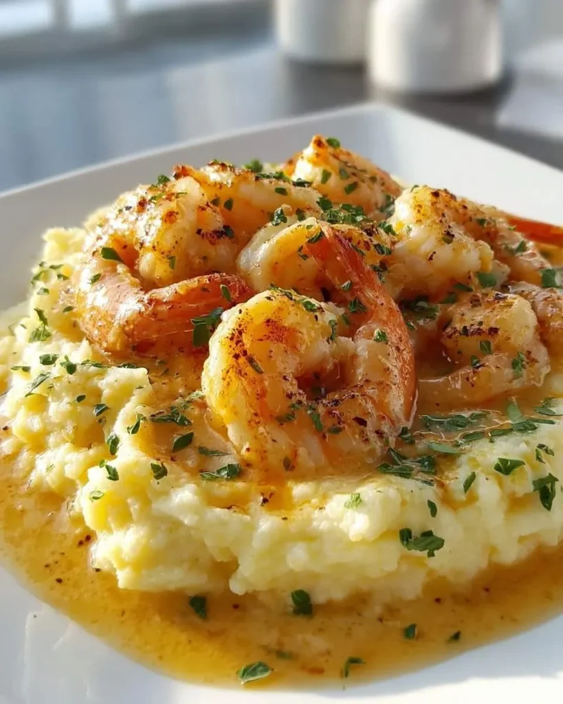A close-up shot of a dish featuring perfectly cooked, golden-brown Creamy Garlic Shrimp Over Mashed Potatoes, drizzled with sauce and garnished with fresh herbs.