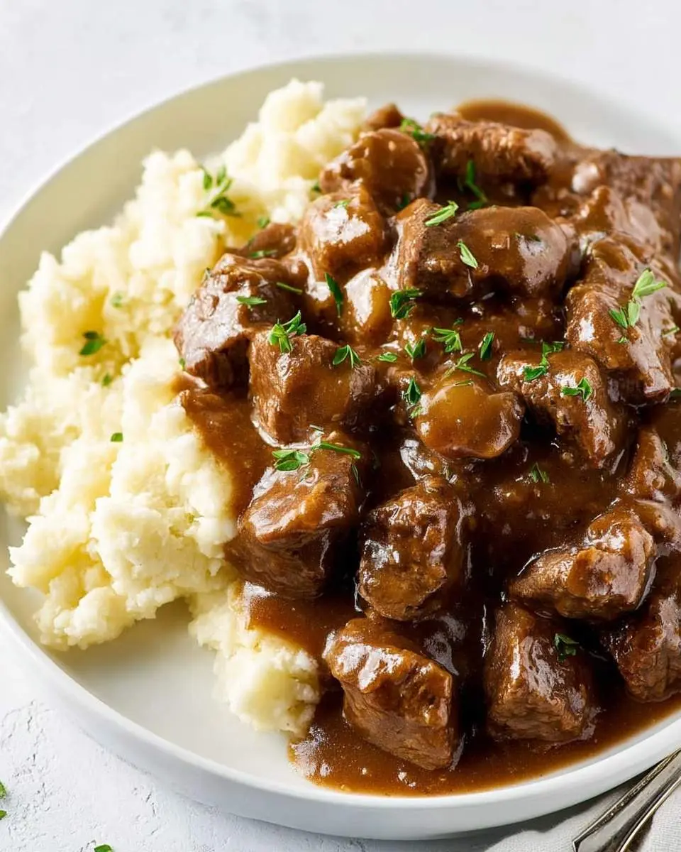 A white plate holds fluffy mashed potatoes next to a generous serving of rich Crockpot Beef Tips With Gravy, garnished with fresh herbs.
