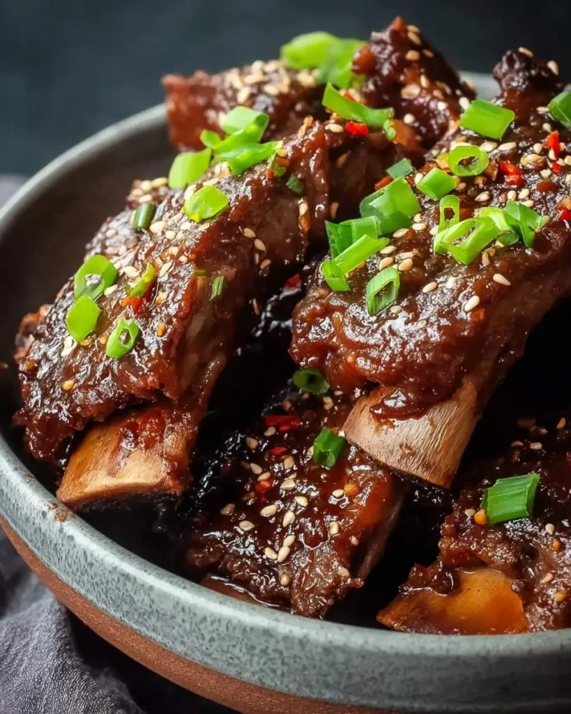 Succulent Crockpot Chinese Ribs, glistening with a savory sauce, garnished with fresh green onions, sesame seeds, and red chili flakes.