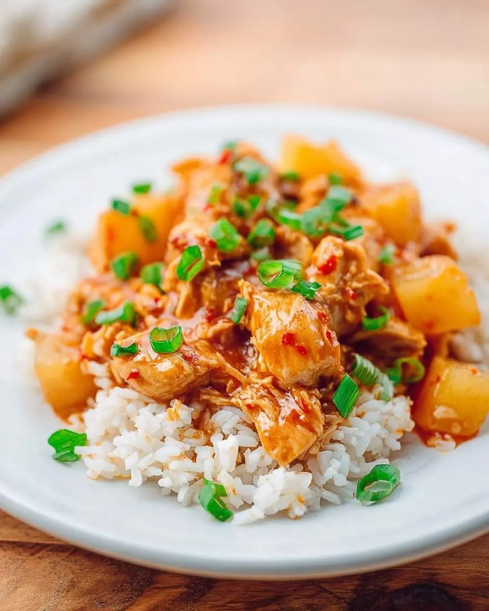 A plate of delicious Crockpot Hawaiian Chicken, served over white rice with pineapple chunks and green onions.