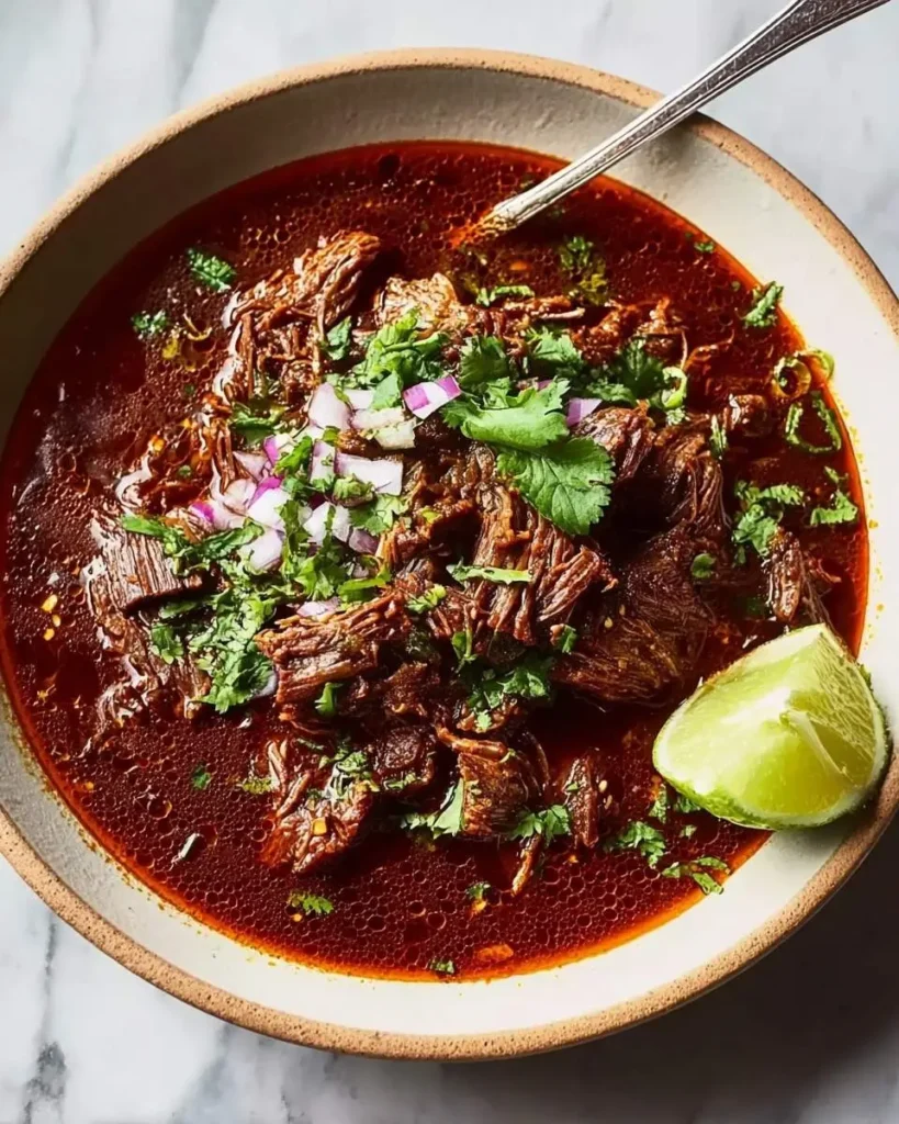 A close-up of a bowl of delicious crockpot Mexican birria, garnished with red onion, cilantro, and a lime wedge.