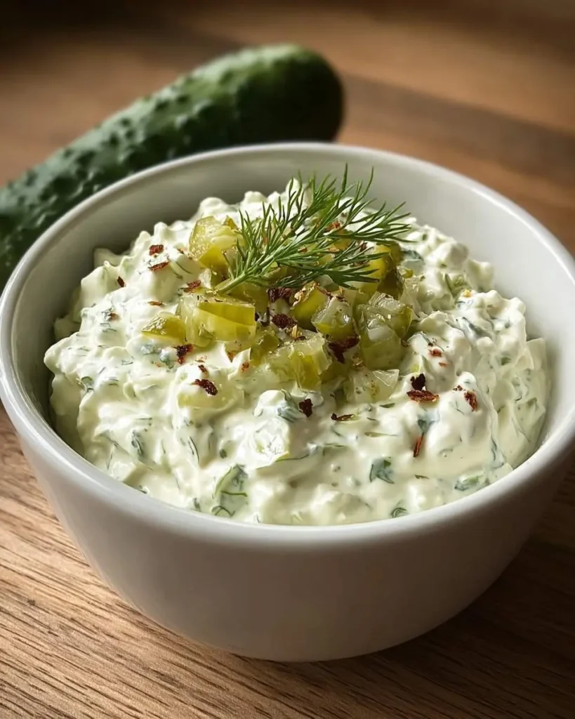 A white bowl filled with creamy dill pickle dip, garnished with chopped pickles, fresh dill, and chili flakes, with a blurred cucumber in the background.