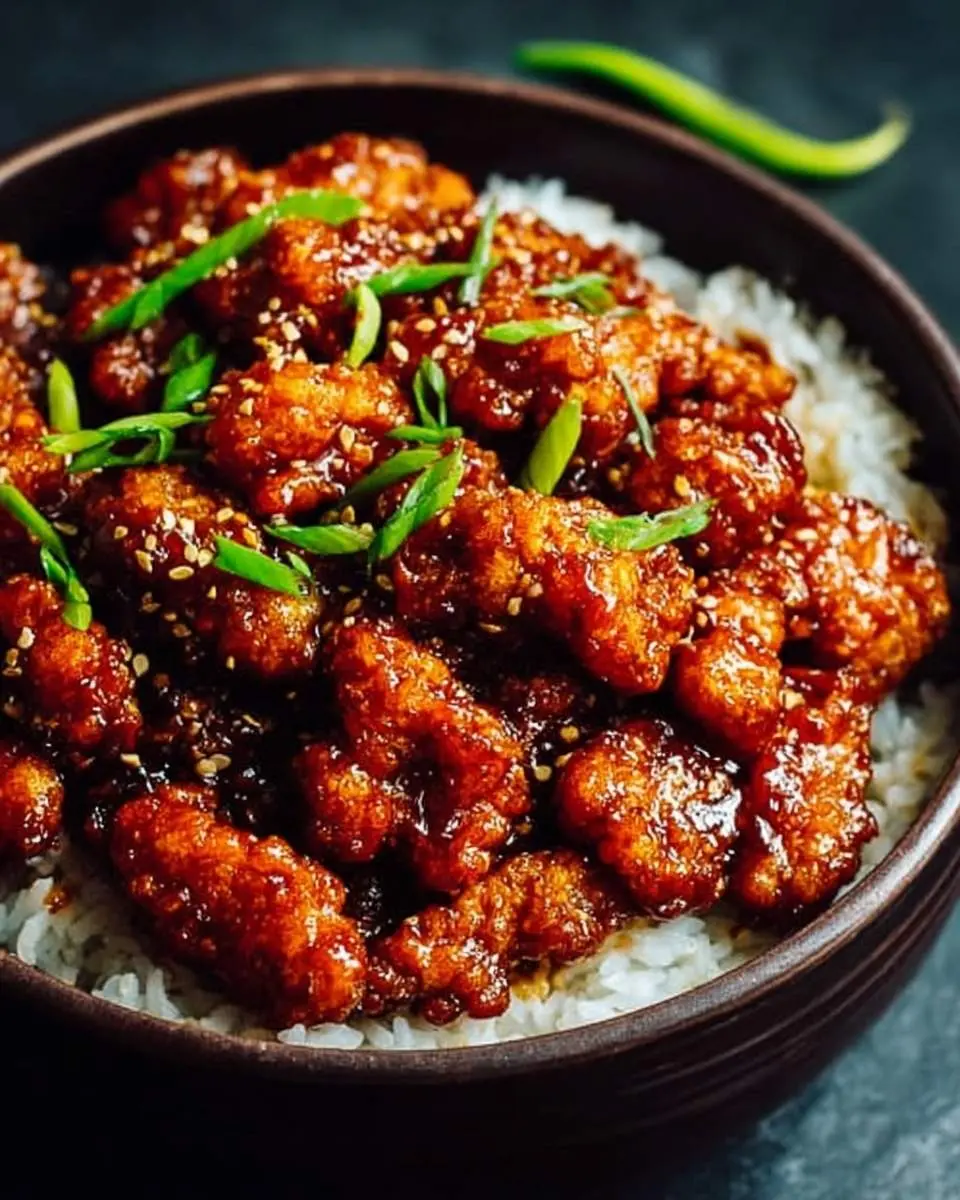 Dragon Chicken 4 A close-up of a delicious bowl of Dragon Chicken, featuring crispy chicken pieces coated in a glossy, dark sauce, garnished with sesame seeds and green onions, served over white rice.