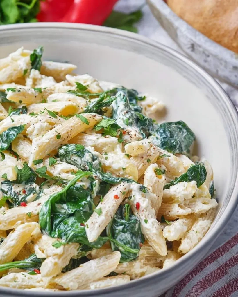 Creamy penne pasta with vibrant spinach and fresh herbs in a white bowl, presented as a delicious Egg and Spinach Pasta Salad.