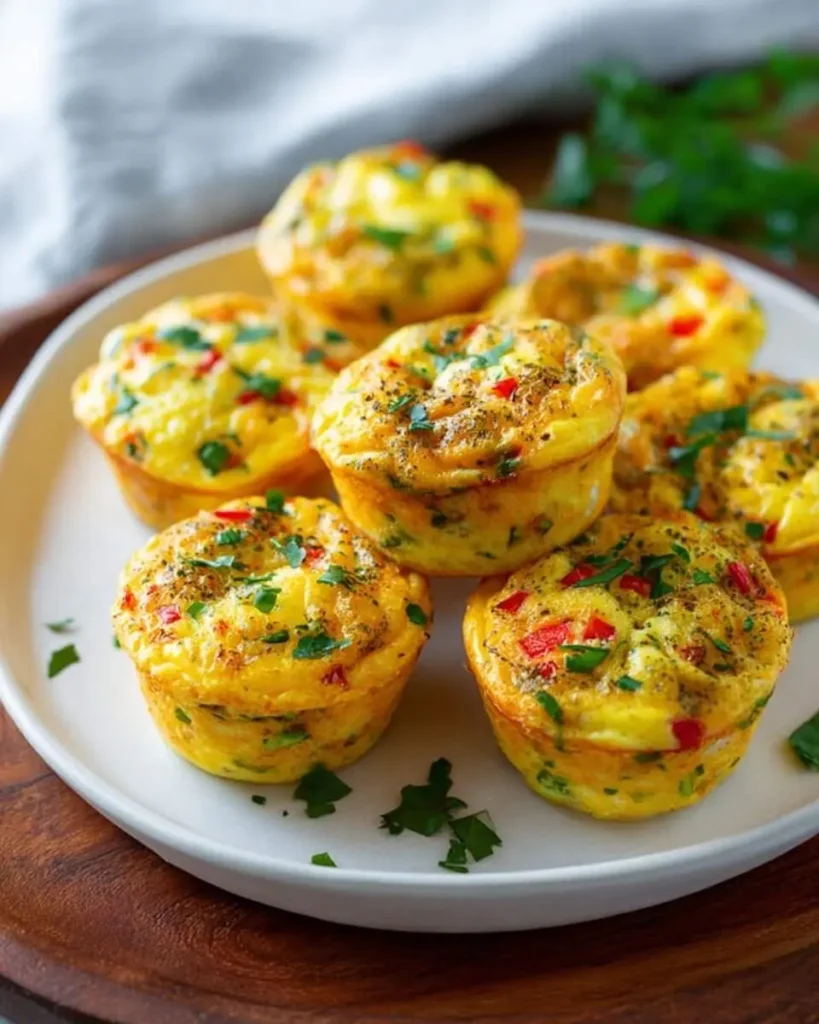 A close-up of a plate piled with delicious golden-brown egg muffins garnished with fresh parsley and red bell peppers.