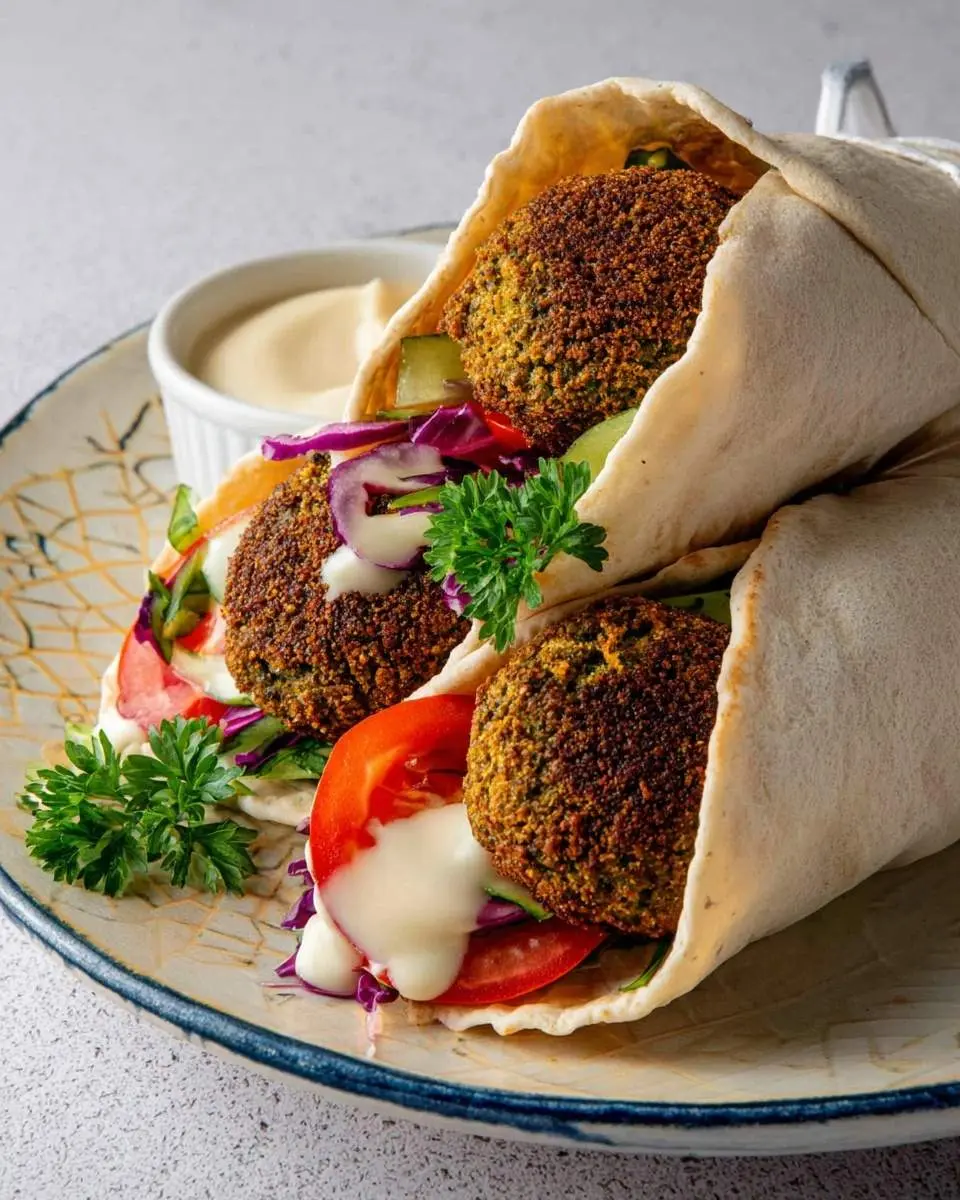 Three homemade falafel wraps, bursting with crispy falafels, fresh vegetables, and creamy white sauce, served on a patterned plate with a side dip.