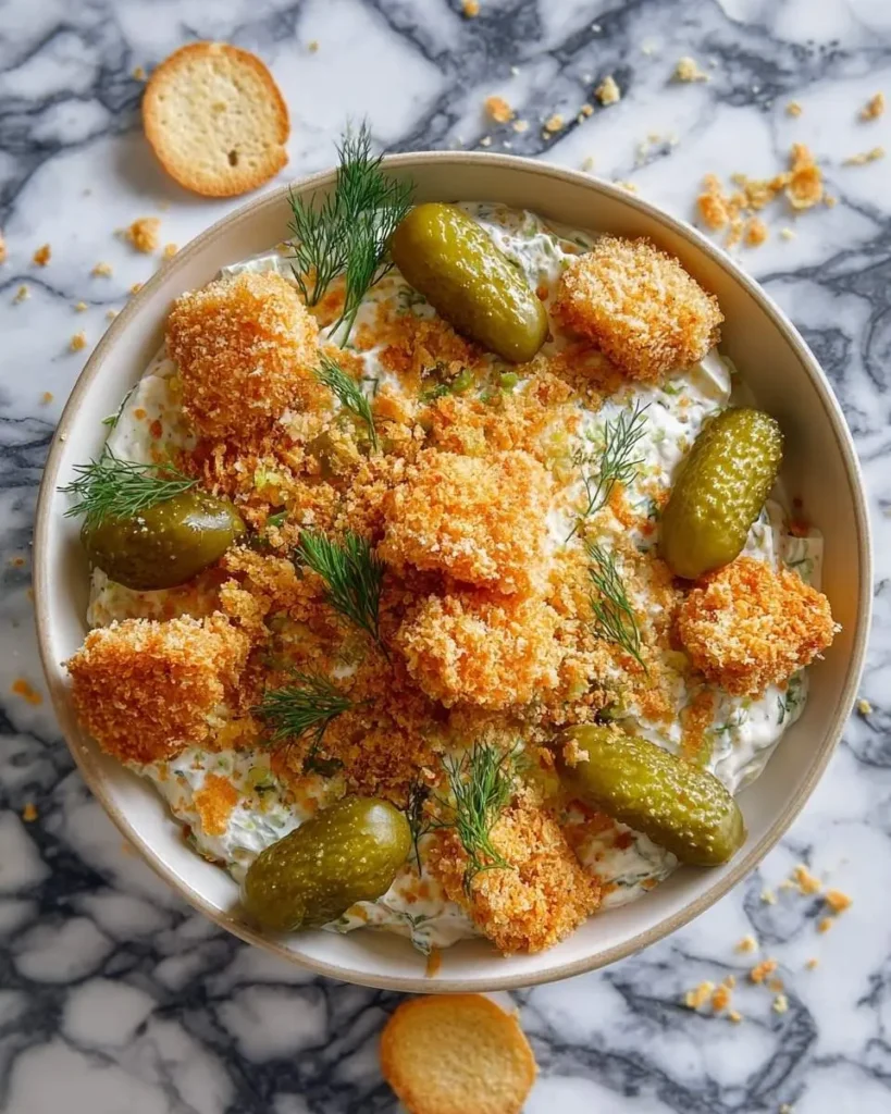 Fried Pickle Dip served in a bowl, garnished with whole gherkins, fresh dill, and crispy breaded bits on a marble surface.