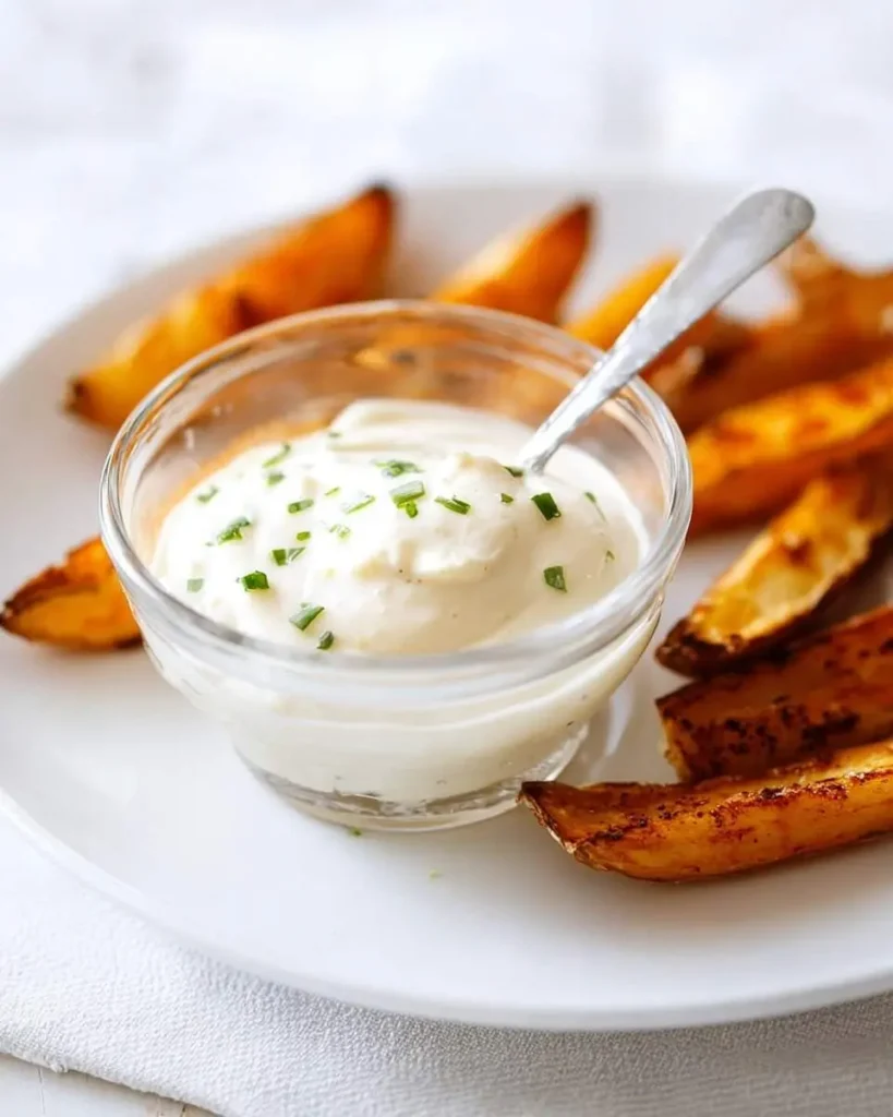 A clear bowl of creamy Garlic Aioli sauce, topped with fresh chives, and golden roasted potato wedges on a white plate.
