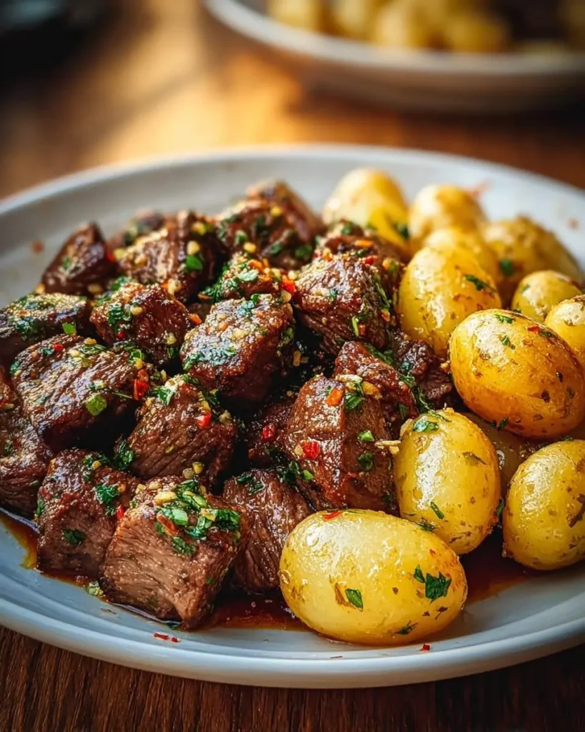 A close-up of delicious Garlic Butter Beef Bites with Potatoes, garnished with fresh herbs and red chili flakes on a white plate.