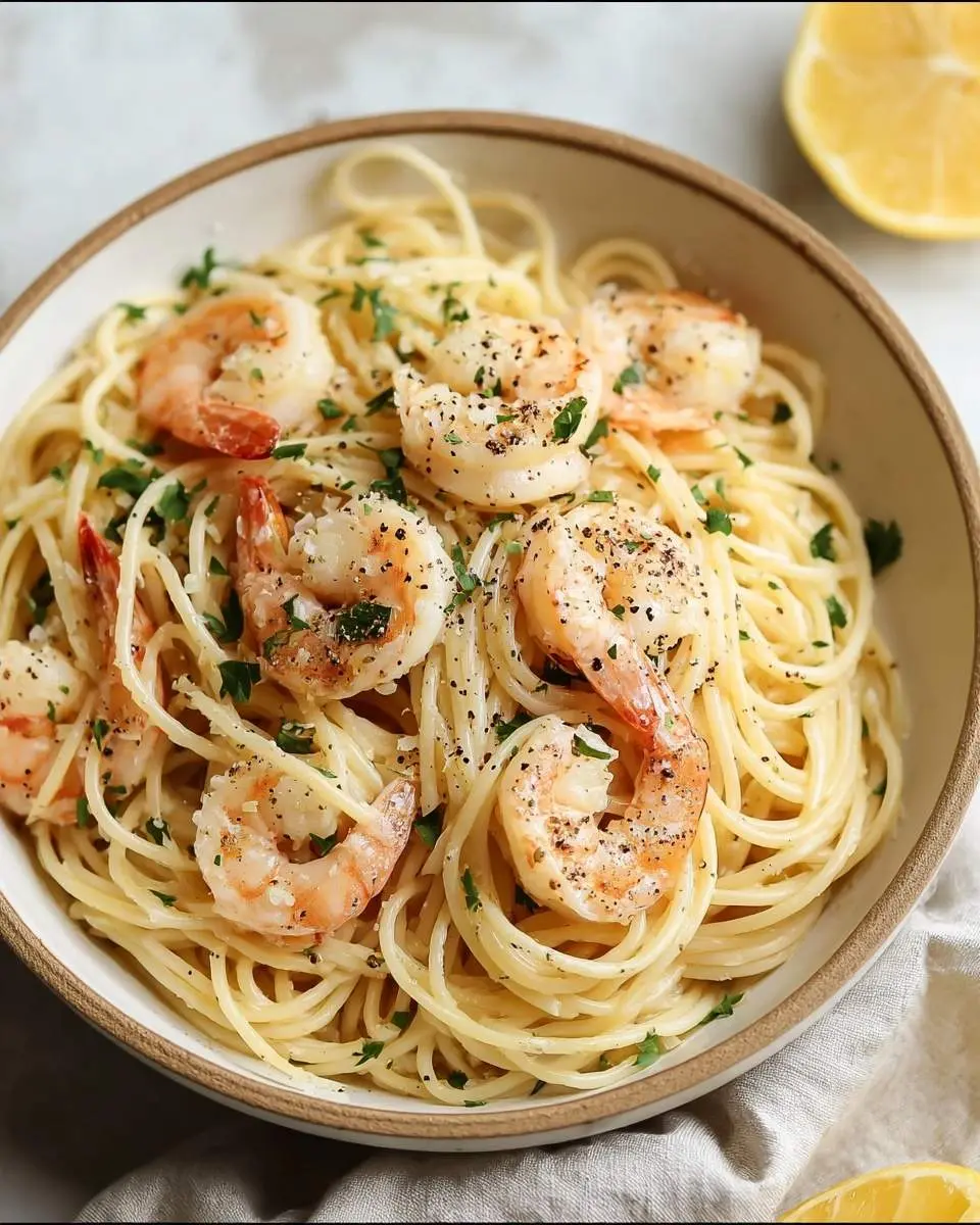 A beautiful bowl of Garlic Butter Shrimp Pasta, featuring perfectly cooked spaghetti with plump, seasoned shrimp and fresh parsley.