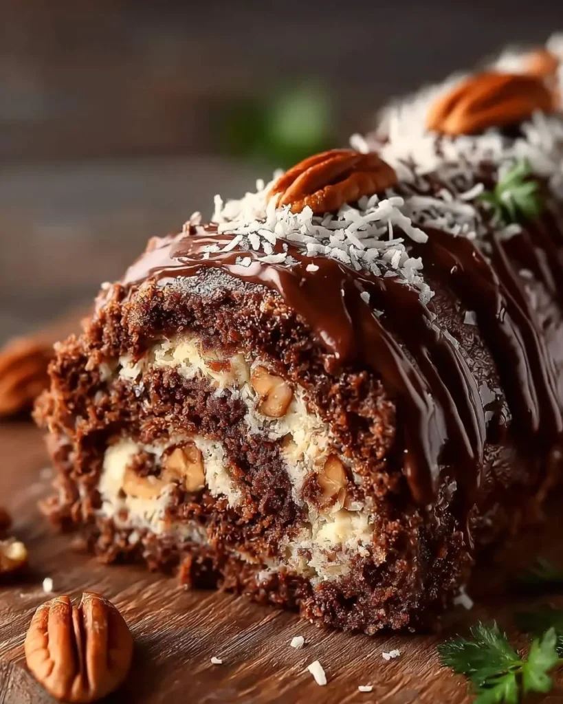 A decadent German Chocolate Cake Roll covered in chocolate glaze, shredded coconut, and whole pecans, revealing a creamy pecan filling.